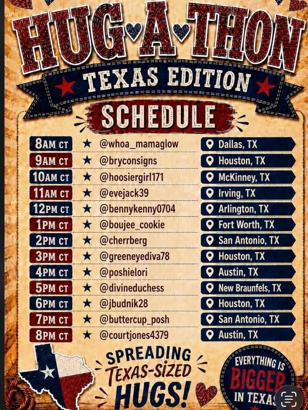 Hug-A-Thon TEXAS EDITION - Like to be notified - 7/12 1pm CST